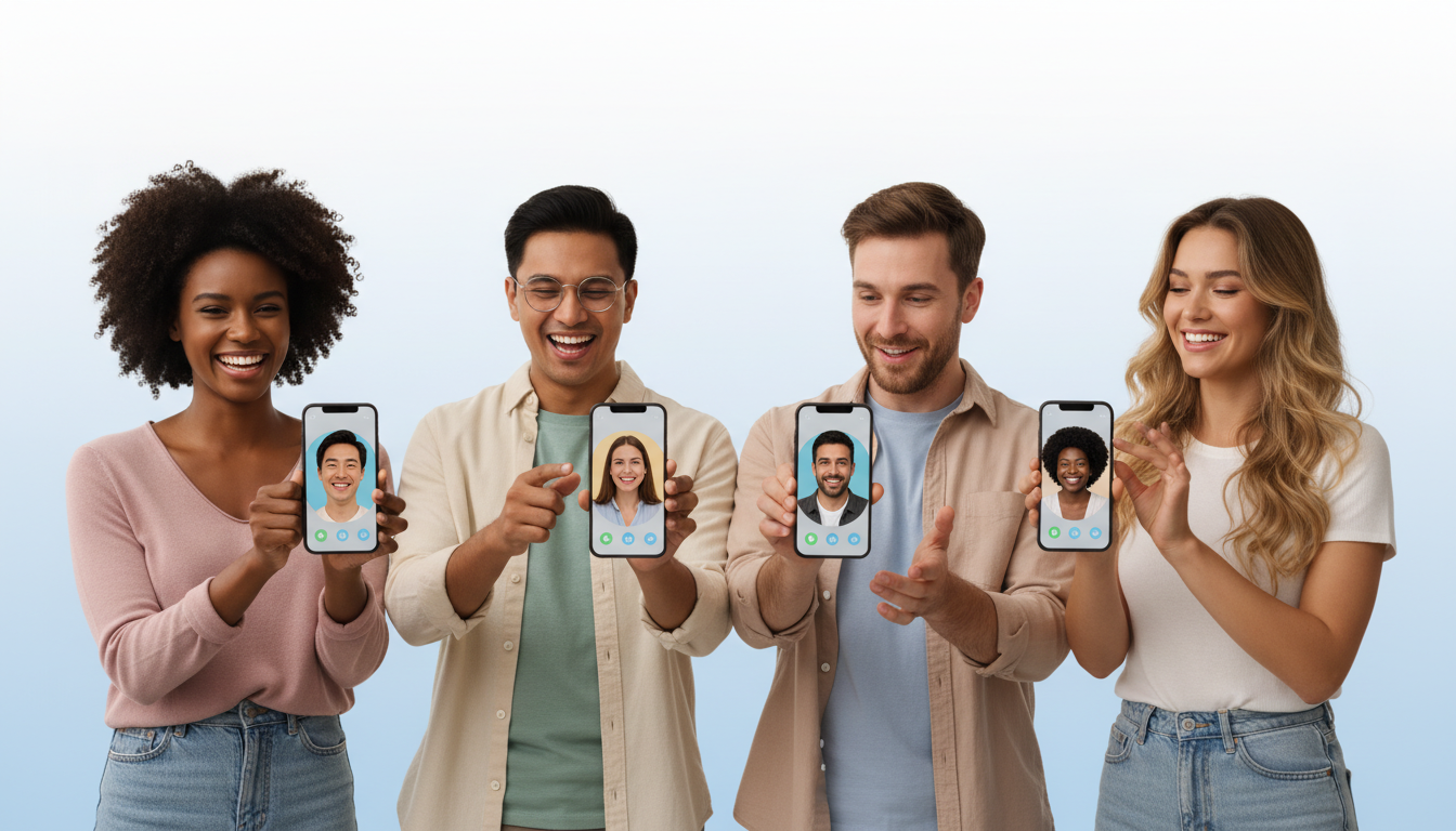 Poqe random video call app interface showing HD video chat