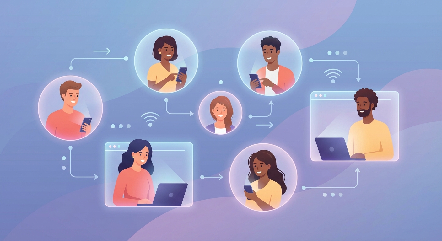 Diverse people connecting through video chat apps on mobile devices